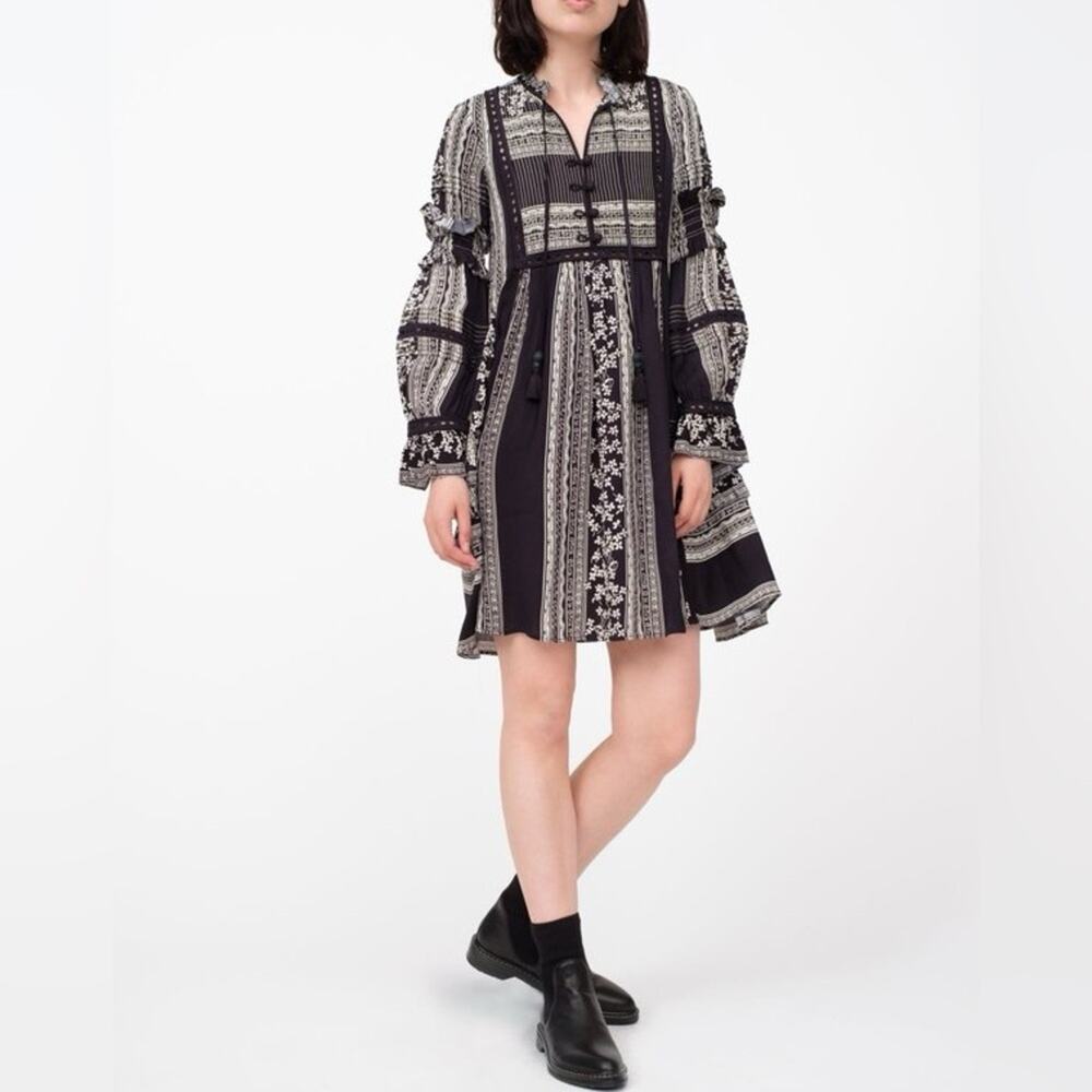 NEW Sea New York Keely Tunic Dress Black Peasant Boho Ruffle Long Sleeve Size 8